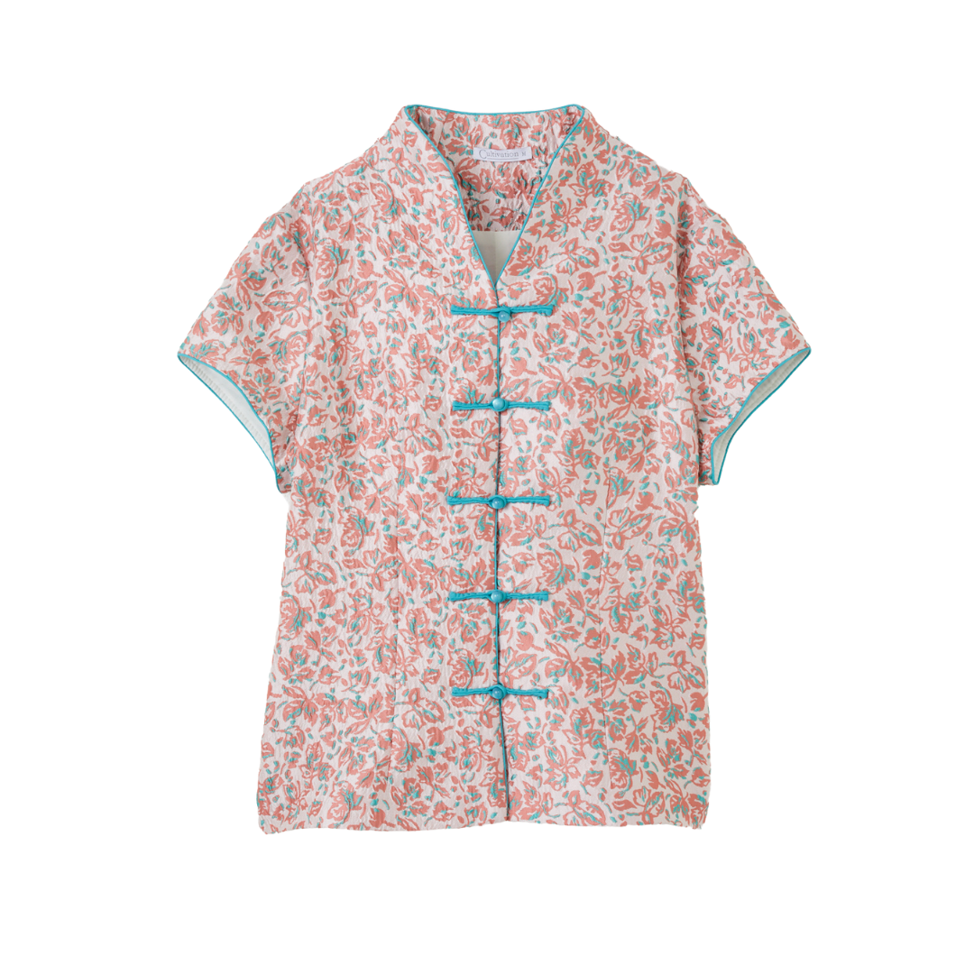 Floral Brocade Top with V Collar (Pink)