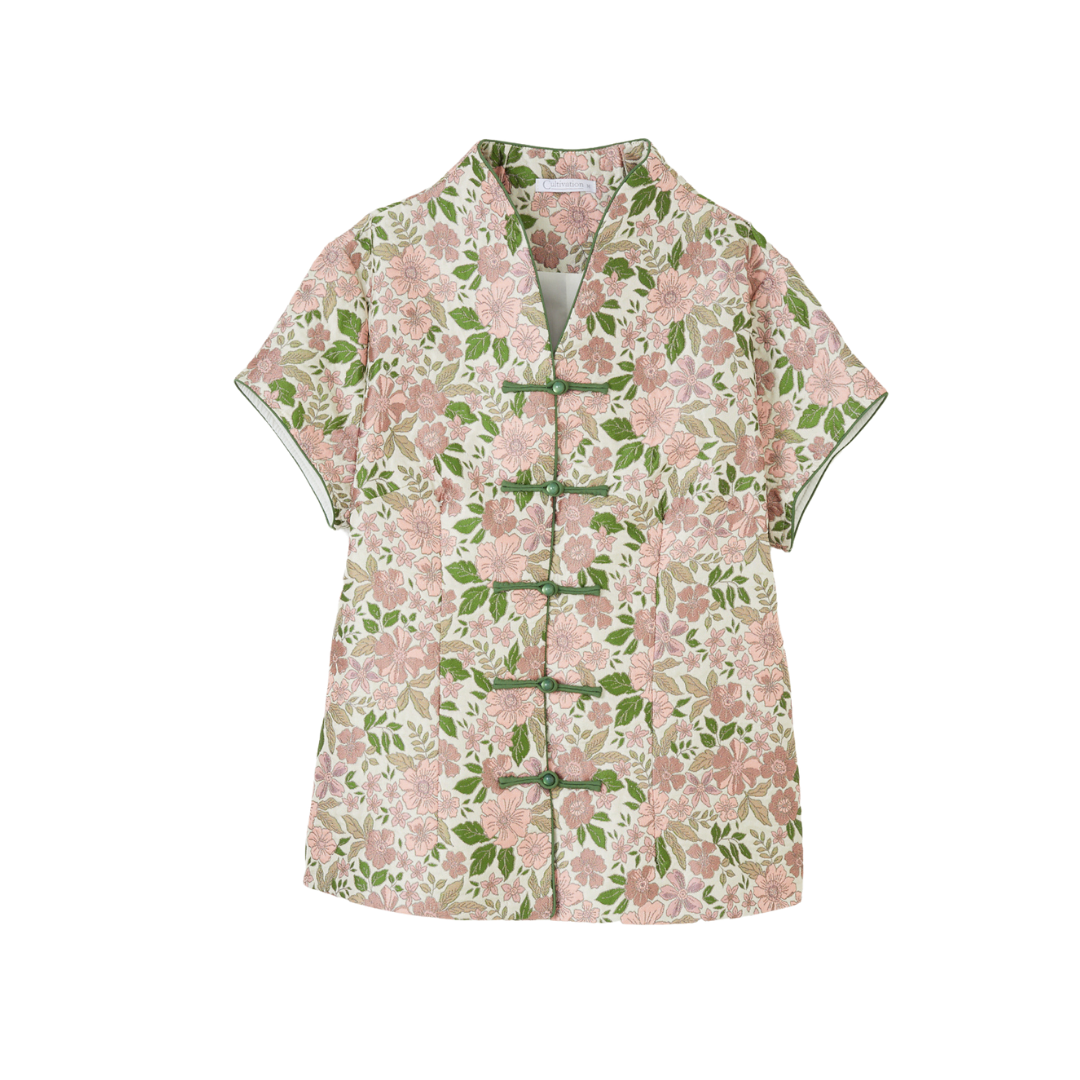 Floral Brocade Top with V Collar (Green)