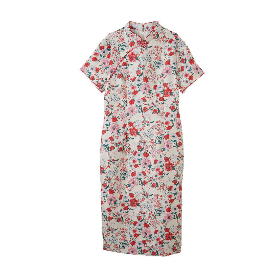 Red White Floral Brocade Cheongsam