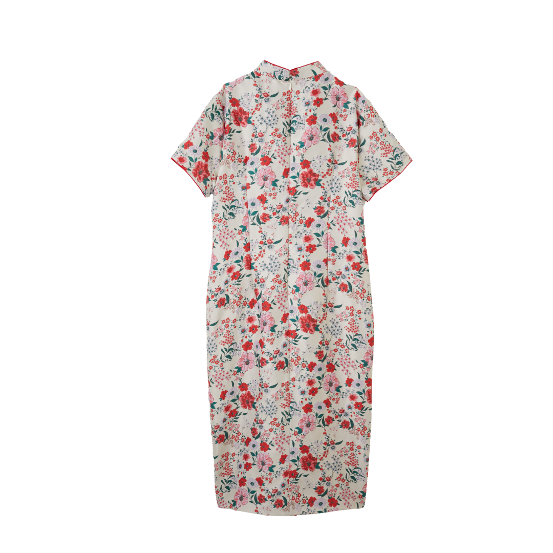 Red White Floral Brocade Cheongsam