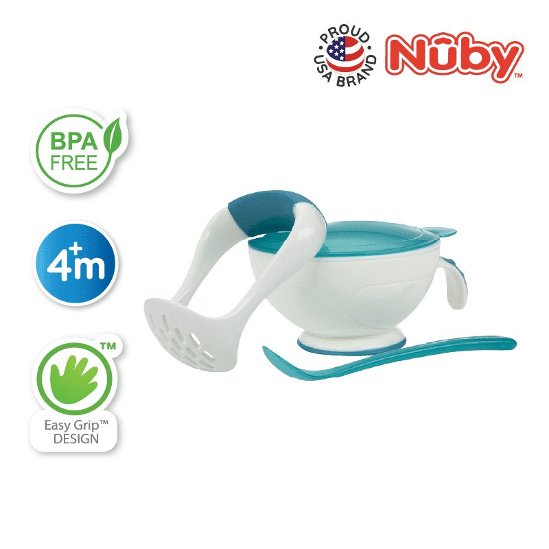 NUBY NB5435 Nuby Garden Fresh Mash N Feed Bowl with Lid, Spoon, and Food Masher Assorted | Isetan KL Online Store