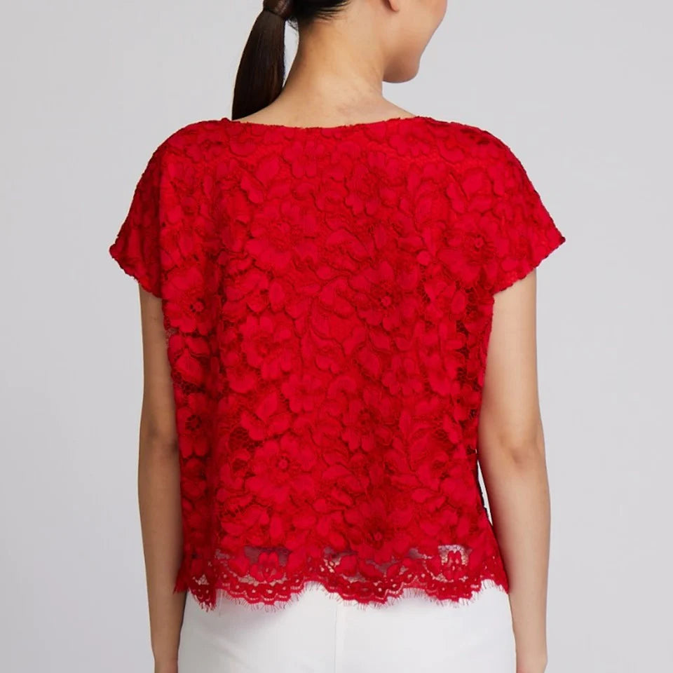 CULTIVATION Cap Sleeve Boxy Cut Lace Blouse (Red) | Isetan KL Online Store